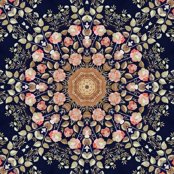 Abstract seamless artistic pattern, floral ornament, handmade applique from painted straw and bark on a black fabric background