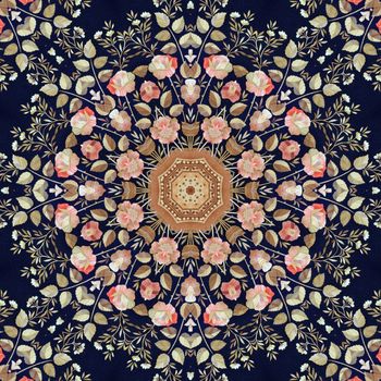 Abstract seamless artistic pattern, floral ornament, handmade applique from painted straw and bark on a black fabric background