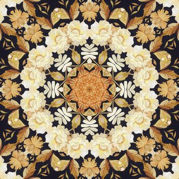 Abstract seamless artistic pattern, floral ornament, handmade applique from painted straw and bark on a black fabric background