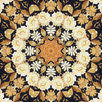 Abstract seamless artistic pattern, floral ornament, handmade applique from painted straw and bark on a black fabric background