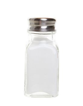 Salt intake is a dietary concern especially for those with high blood pressure or hypertension.  Table salt in salt shaker.  Shot on white background.