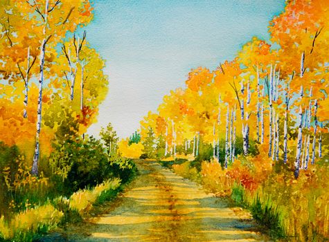 An original watercolor painting inspired by a beautiful,  Autumn colored, backroad in Northern Saskatchewan.