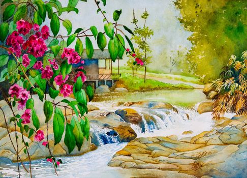 An original watercolor painting inspired by a beautiful spring scene in Thailand.