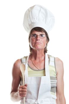 A portrait of a stern chef who rules the kitchen with an iron fist.  Shot on white background.