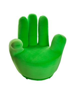 A green chair in the shape of a hand.  Shot on white background.