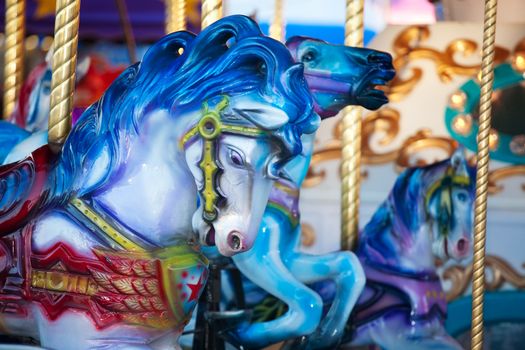 Blue carousal horses on a carnival merry-go-round.