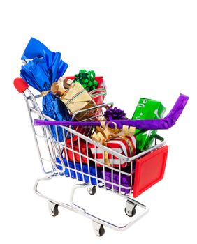 A cart full of wrapped Christmas presents, including a wrapped hockey stick and a wrapped bottle of wine.  Shot on white background.