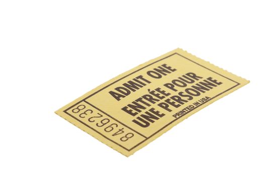 Yellow admit one event ticket.  Shot on white background.
