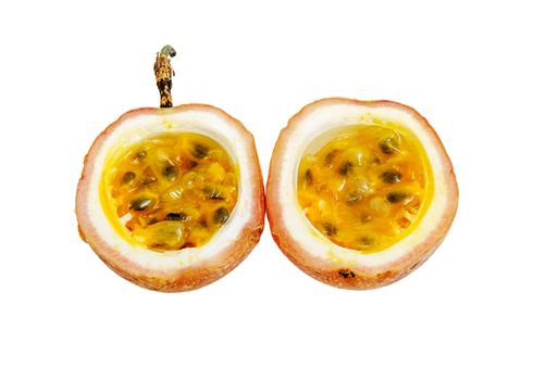 Opened passion fruit isolated on white background