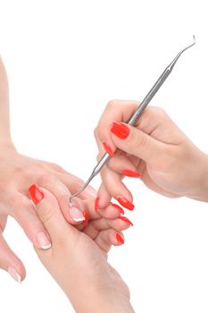 beauty salon, manicure applying, cleaning the cuticles