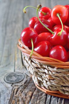  ripe cherries in a basket