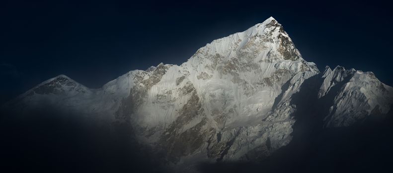 Himalya summits Everest and Nuptse before sunset panoramic view