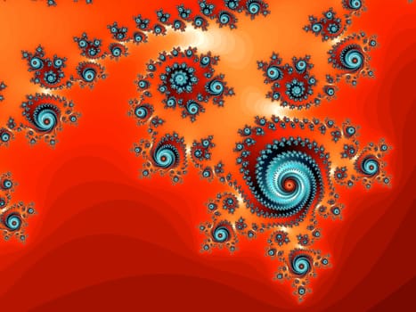 Digital computer graphic - rendering. Decorative fractal spiral on a red background for design