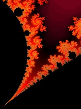Digital computer graphic - rendering. Red fractal spiral on a black background for design.