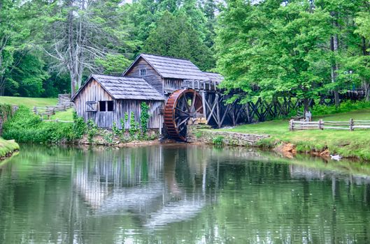 Historic Edwin B. Mabry Grist Mill (Mabry Mill) in rural Virginia on Blue Ridge Parkway and reflection on pond in summer