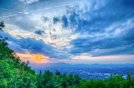 Roanoke City as seen from Mill Mountain Star at dusk in Virginia, USA.