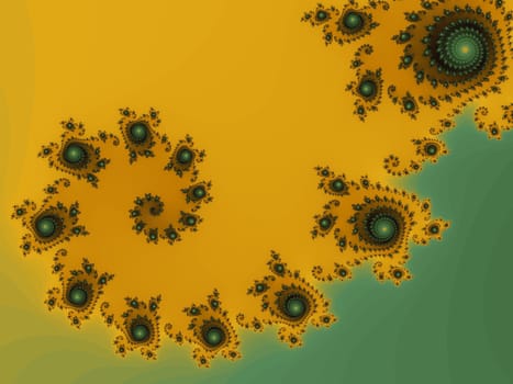 Digital computer graphic - rendering. Patterned fractal spiral in. Green - yellow colors for design.