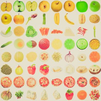 Vintage retro looking Food collage set of many vegetarian items isolated over white including fruits vegetables and pizza