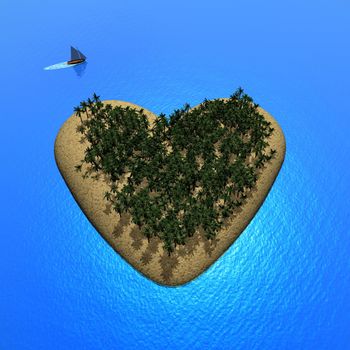Heart island with lots of palm trees and sailboat on beautiful ocean water