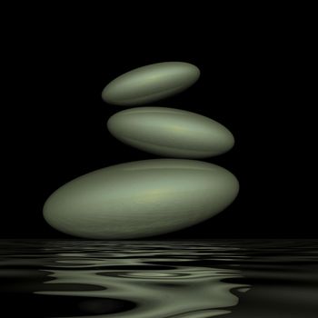 Three pebbles in balance upon water by night