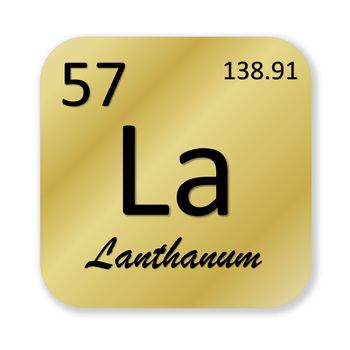 Black lanthanum element into golden square shape isolated in white background