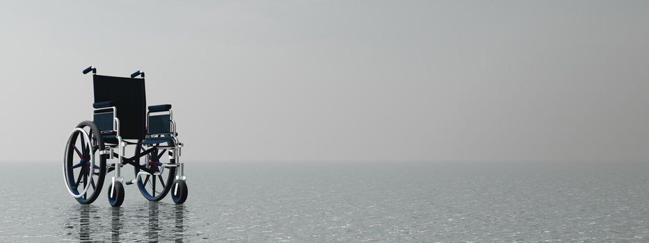 One wheelchair standing in grey background next to little light