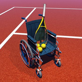 Wheelchair with racket and balls on a tennis court