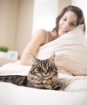 Woman relaxing on bed with her cat on the summer warm day. 