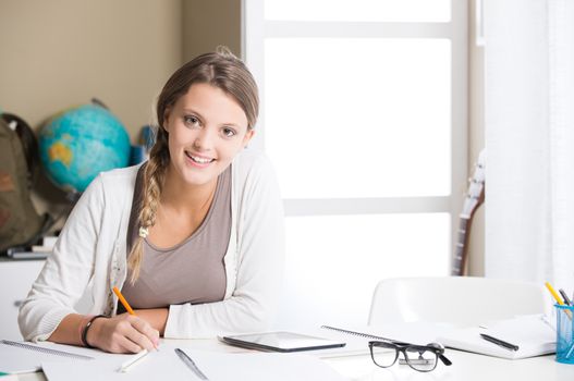 Portrait of a beautiful girl studying at home