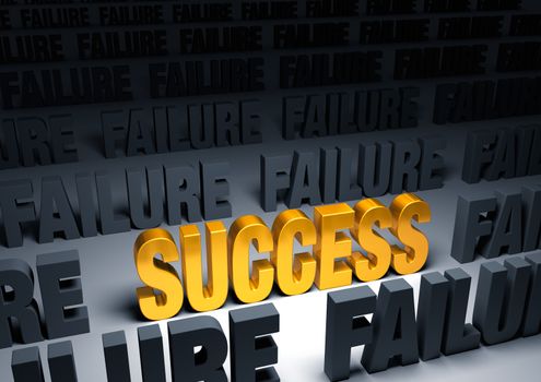 A shining, gold "SUCCESS" stands out in a dark field of gray "FAILURE"s