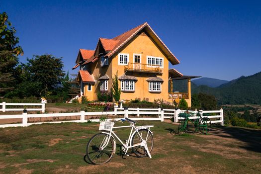 Yellow classic house on hill, pai, maehongson, thailand