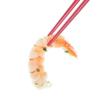 Marinated Garlic Shrimp in red chopsticks.  Shot on white background.