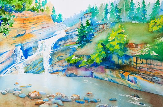A waterfall in Waterton Park, Alberta, Canada.  An original watercolor painting using negative space technique.