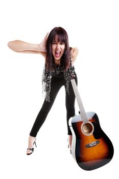 Screaming musician with guitar, dressed in Indie style fashion.