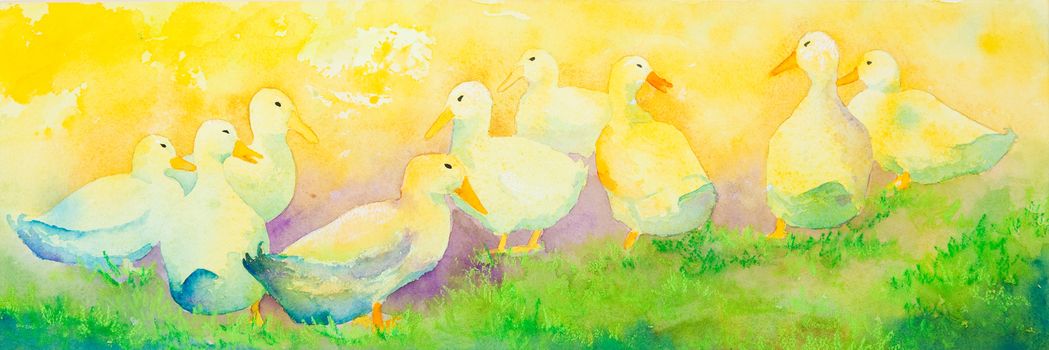 Panorama of baby ducklings.  An original watercolor painting.