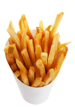 Golden brown french fries in a generic white take out container.  Shot on white background.