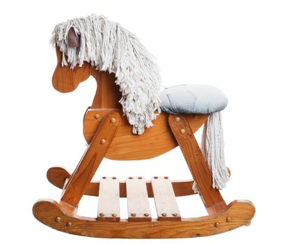 A vintage, childhood rocking horse.  Shot on white background.