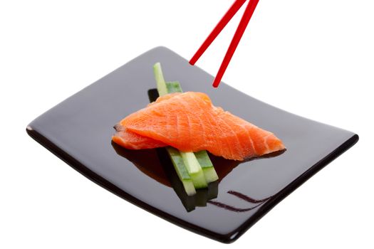 Japanese sushi dish called Salmon Sashimi.  Shot on white background.