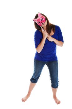 Theatrical performer with hand held Venetian mask.  Shot on white background.