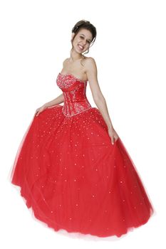 Pretty young woman in a beautiful strapless ball gown.