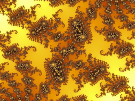 Digital computer graphic - rendering. Decorative fractal background with spirals in a yellow colors for design.