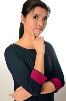 Asian woman wearing casual clothes, navy blue dress. Chinese female model, friendly face expression.