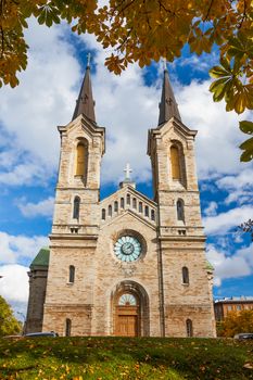 View of Kaarli church through yellow foliage. Tallinn. Estonia