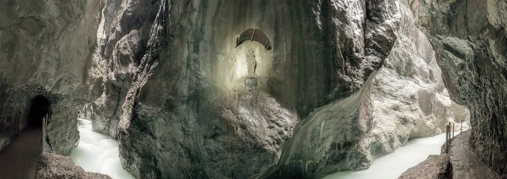 A panoramic image of the Partnachklamm in Bavaria Germany