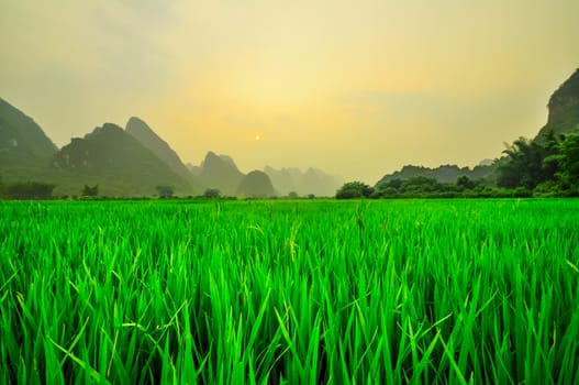 Beautiful Li river side Karst mountain chinese landscape in Yangshuo Guilin, China