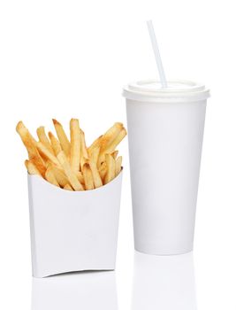 French fries and soda isolated on white background