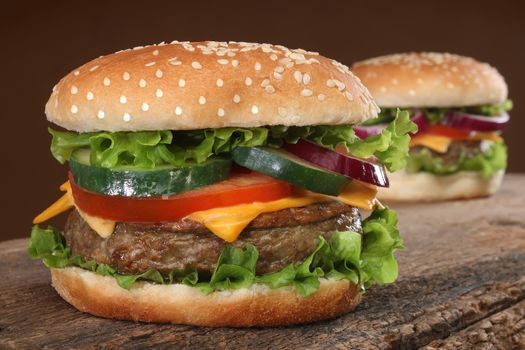 Two delicious hamburgers on wood background.