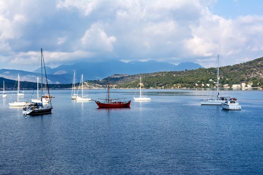 Scenic summer view of boats and yachts in Poros, Greece