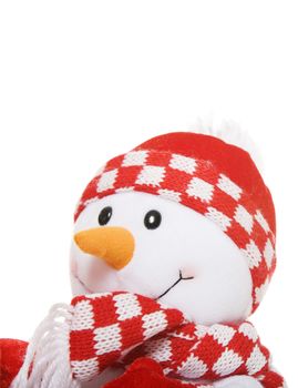 Portrait of a little snowman in red touque & scarf.