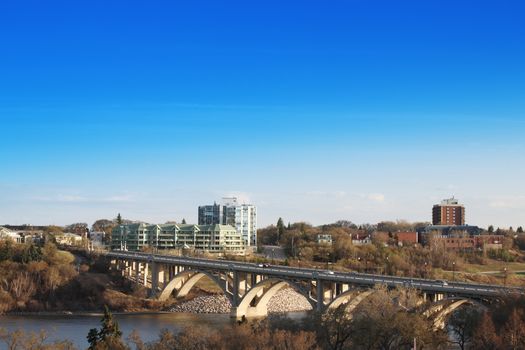 The city of Saskatoon, Saskatchewan, Canada.  A morning view of the Victoria Bridge in early spring.